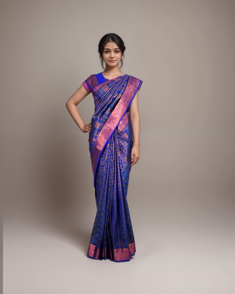 Samuthrika Royal Blue with Copper Zari Checks
