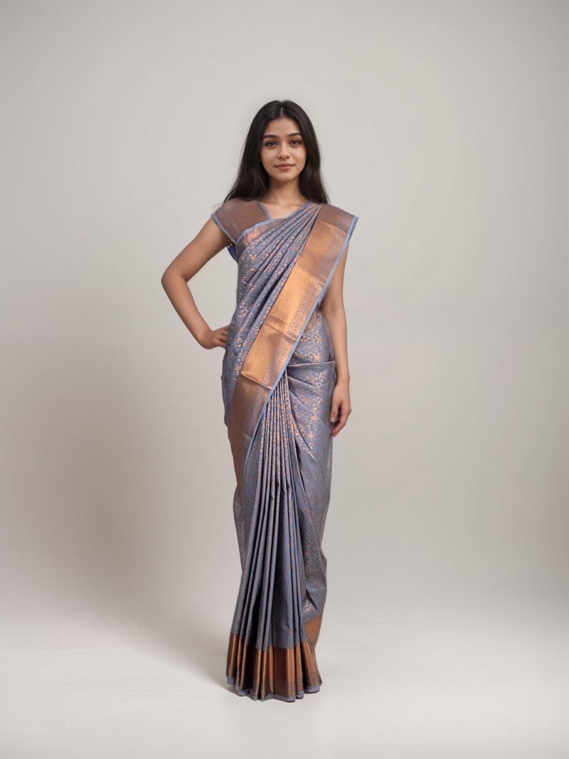Vastrakala Slate Grey with Copper Zari Vine Elegance