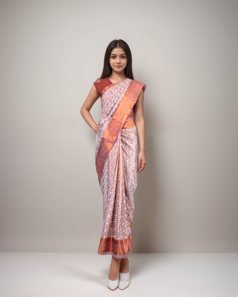 Vastrakala Rose Ash with Copper Zari Blossom Weave
