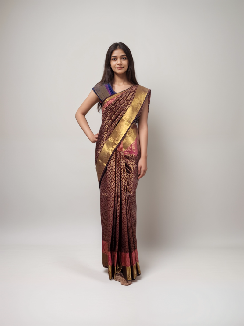 Vastrakala Wine with Golden Zari Temple Buttas