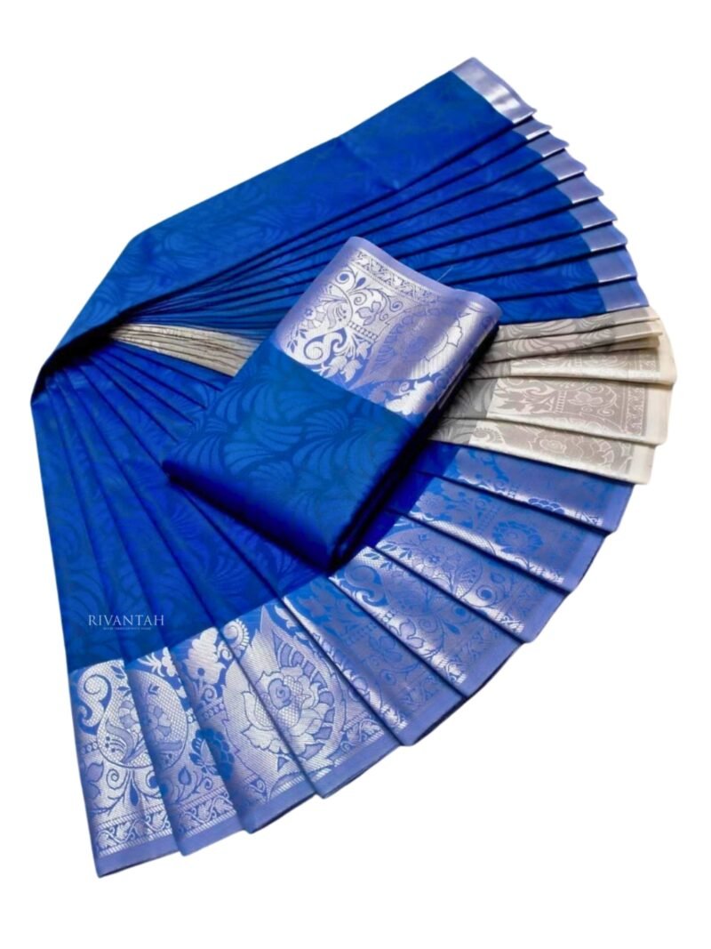 Royal Blue Floral Silver Silk Saree