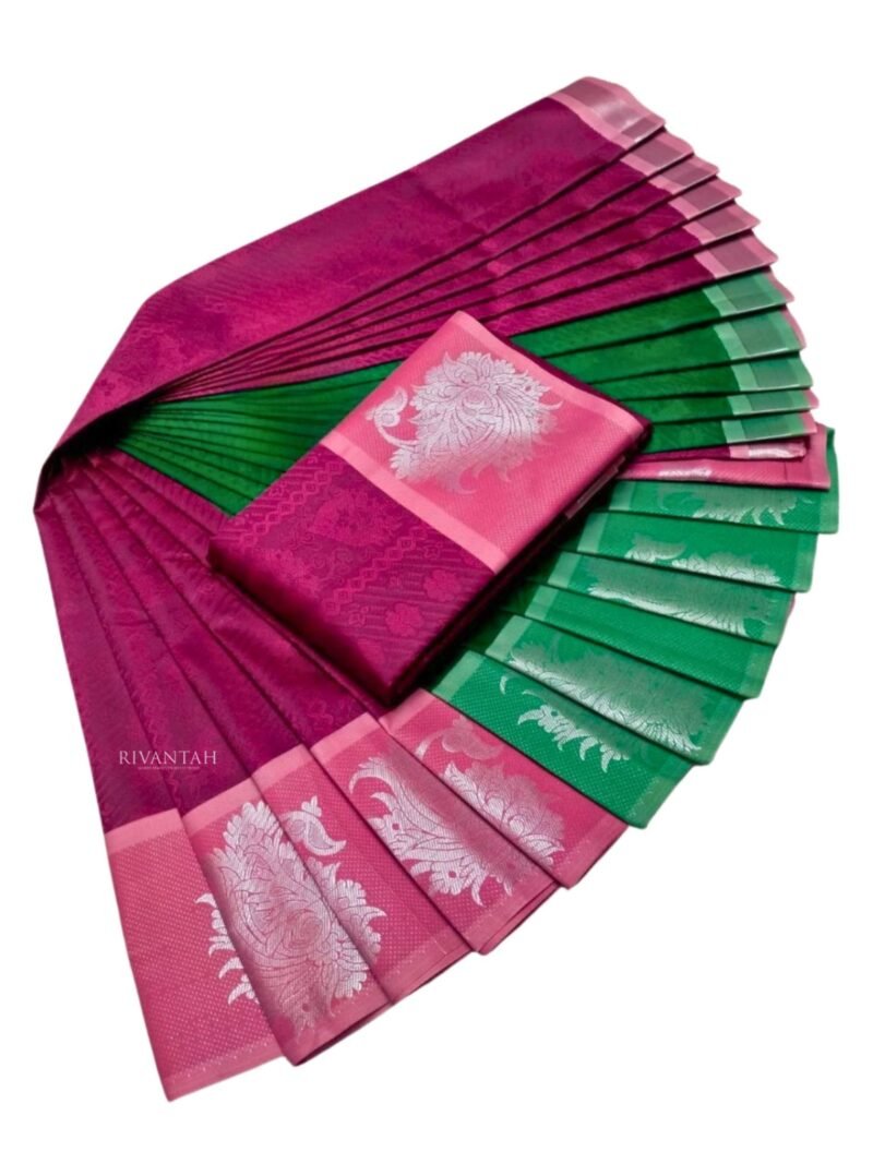 Magenta Green Silver Motif Silk Saree - Image 3