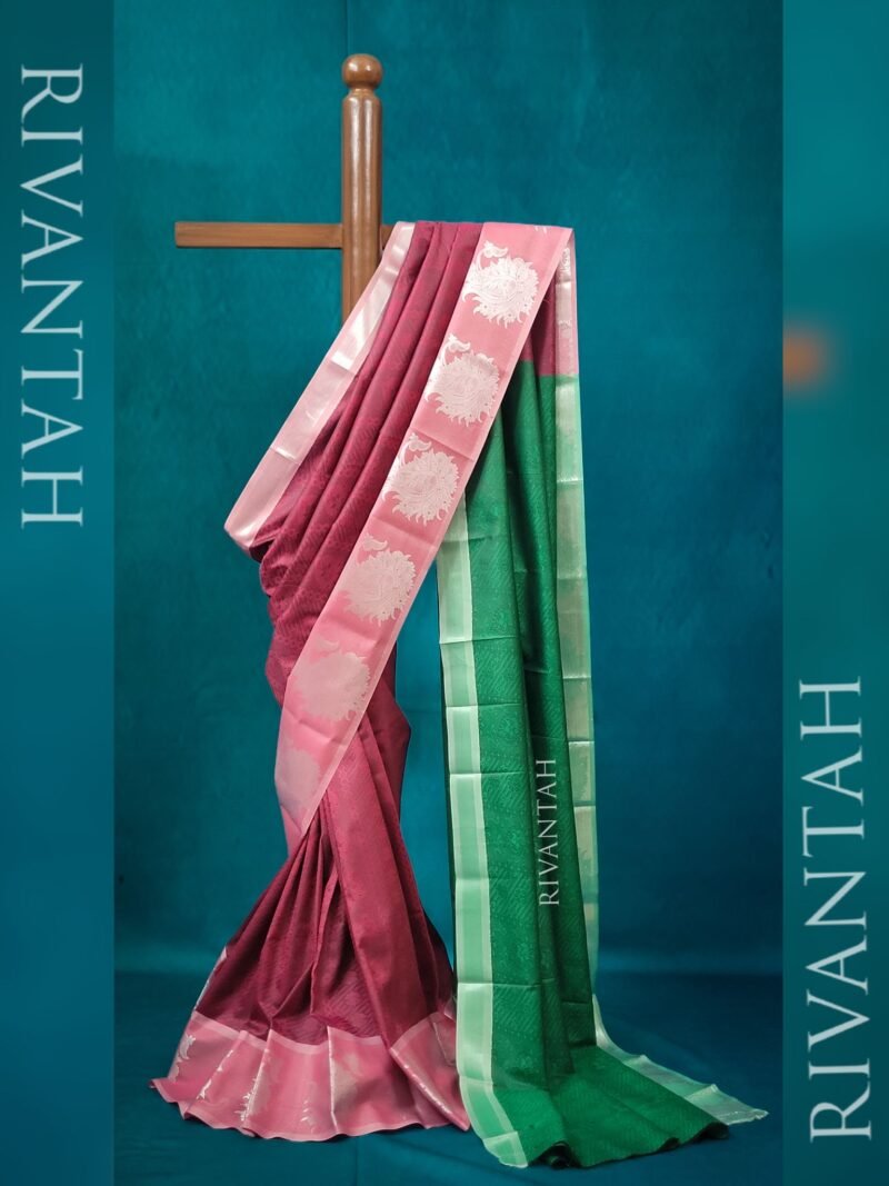 Magenta Green Silver Motif Silk Saree - Image 5