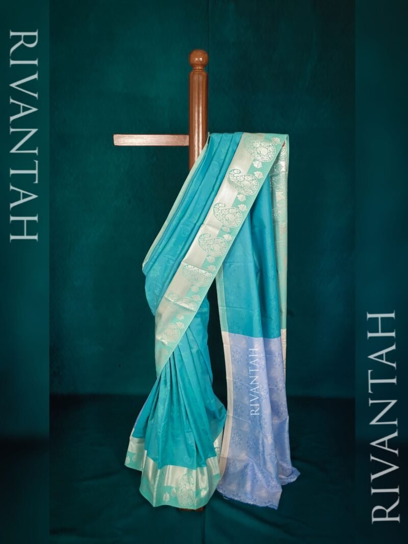 Teal Silver Silk Saree - Image 2