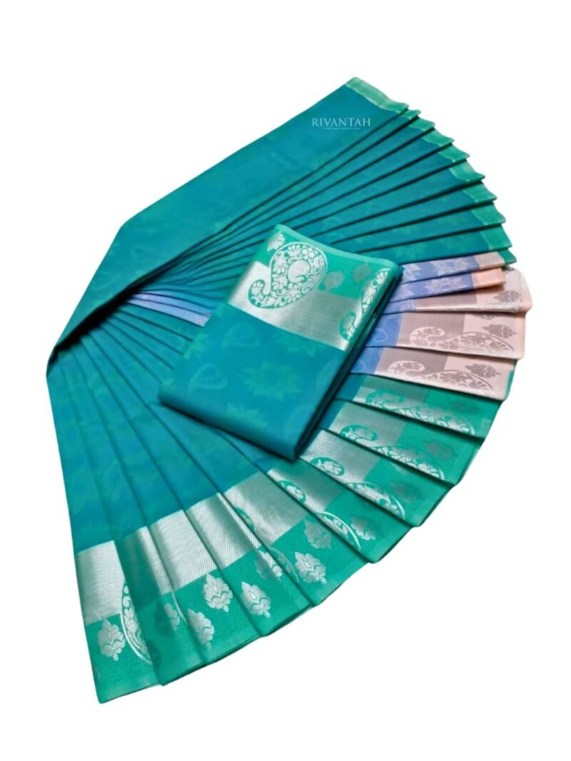 Teal Silver Silk Saree - Image 4