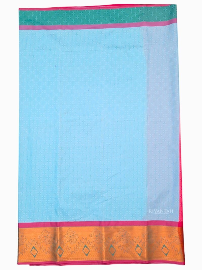 Sky Blue Pink Gold Silk Saree