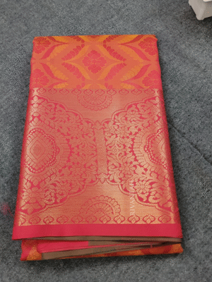 Coral Red Gold Brocade Silk Saree