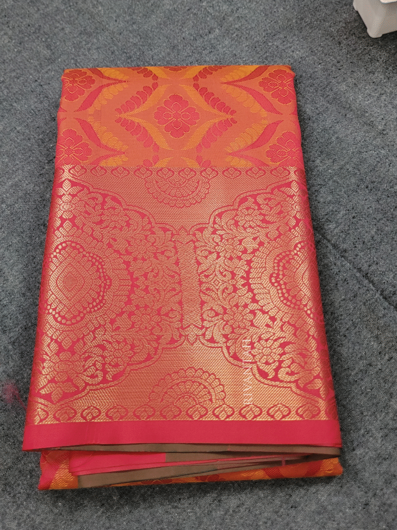 Coral Red Gold Brocade Silk Saree