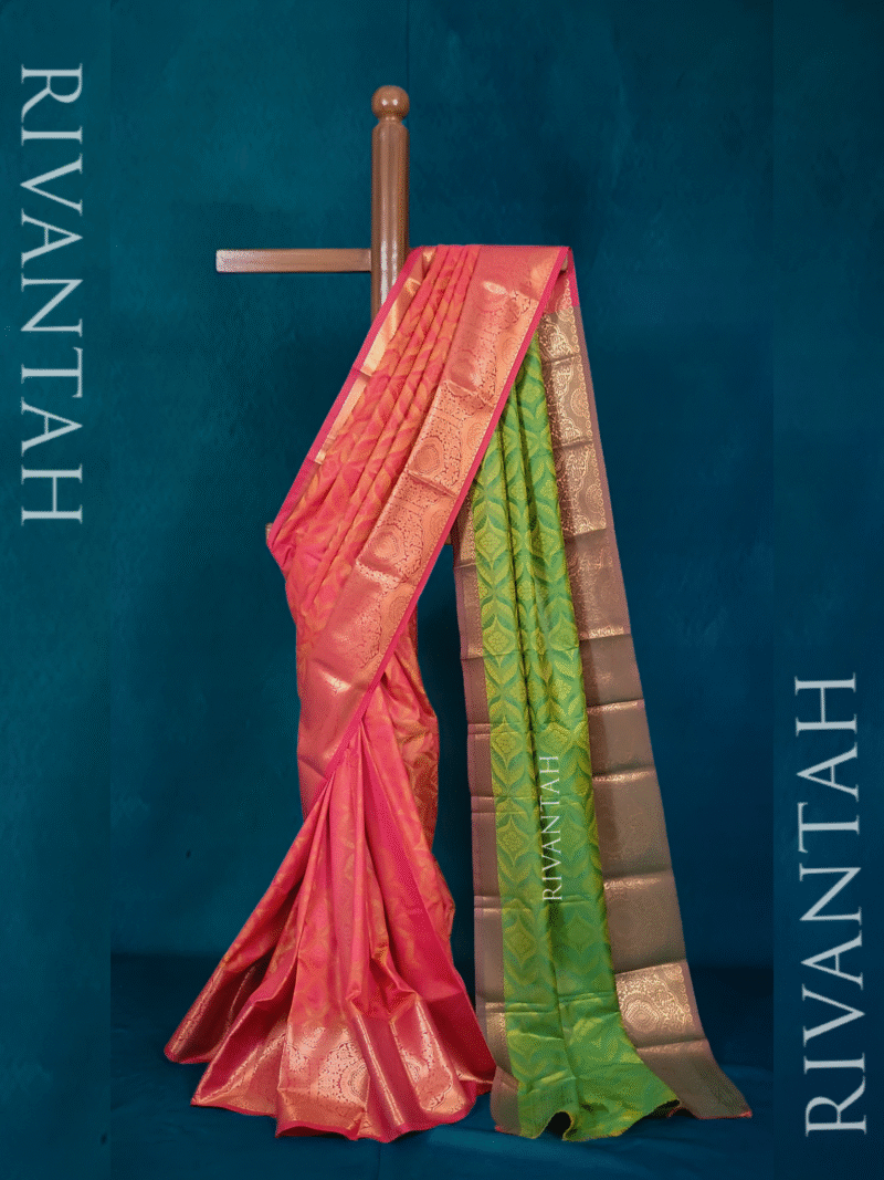 Coral Red Gold Brocade Silk Saree - Image 2