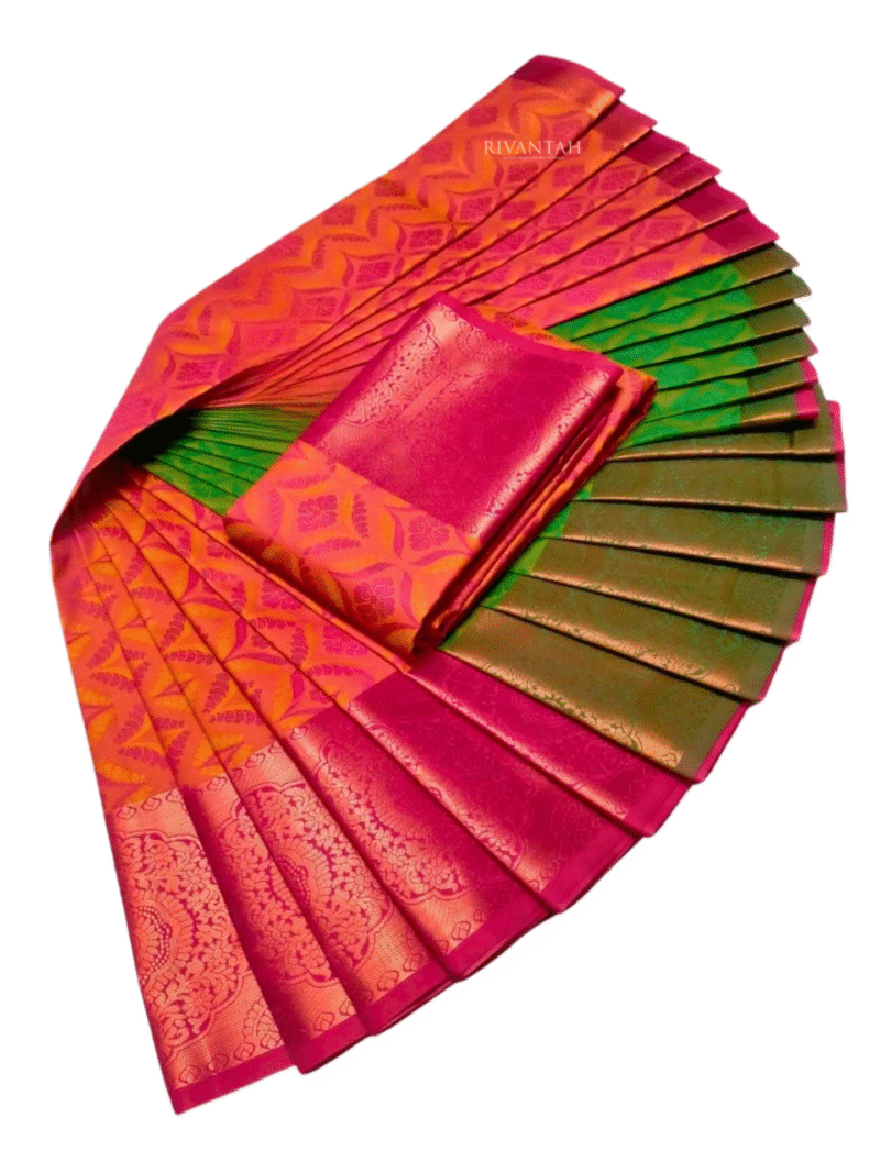 Coral Red Gold Brocade Silk Saree - Image 4