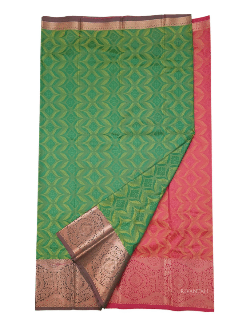 Coral Red Gold Brocade Silk Saree - Image 6