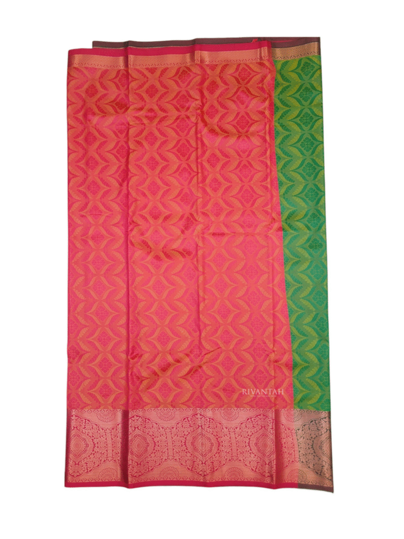 Coral Red Gold Brocade Silk Saree - Image 5