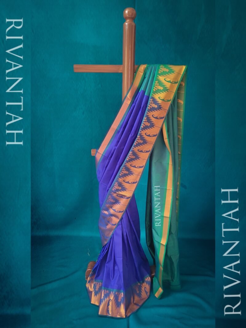 Royal Blue Purple Gold Floral Butta Silk Saree - Image 2
