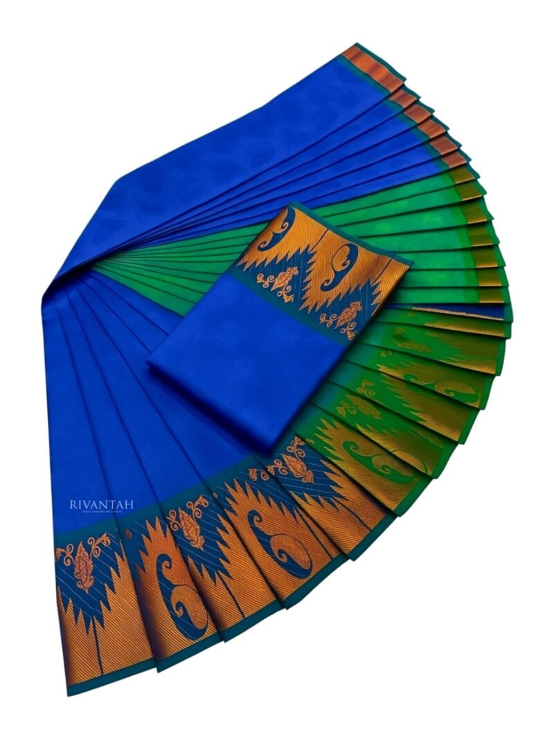 Royal Blue Purple Gold Floral Butta Silk Saree - Image 4