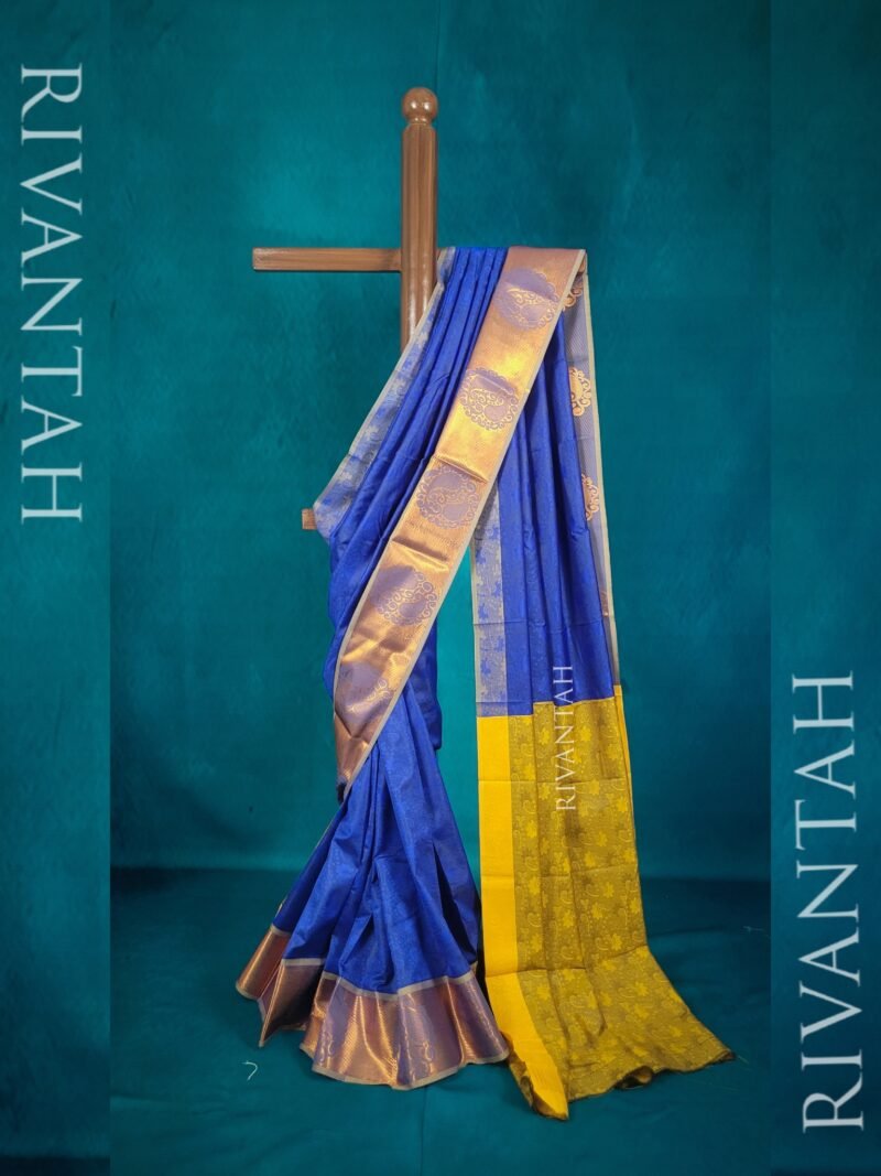 Royal Blue Mustard Silver Paisley Silk Saree - Image 2
