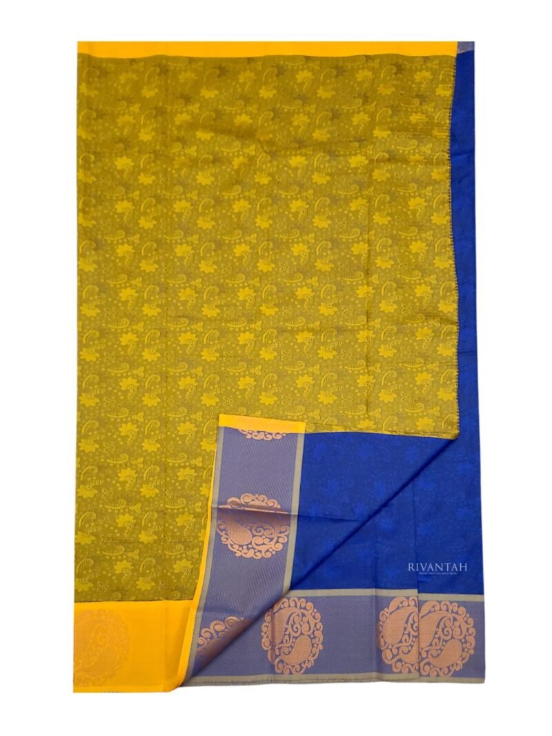 Royal Blue Mustard Silver Paisley Silk Saree - Image 4
