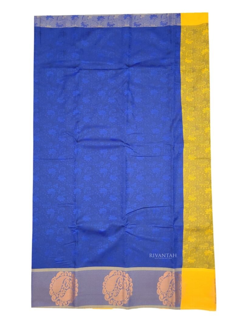 Royal Blue Mustard Silver Paisley Silk Saree - Image 5